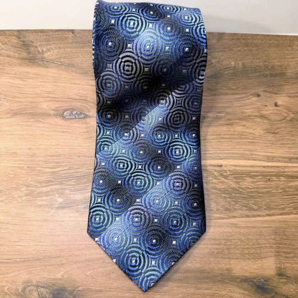 VTG Paul Dione Tie Blue Black Geometric Circle Print Silk Necktie